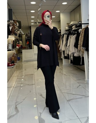 Tığ Triko Siyah Balıkçı Yaka Tunik