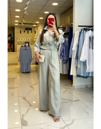 Miarte Gri Payet Detaylı Beli Büzğülü Fermuarlı Yarım Kollu Takım