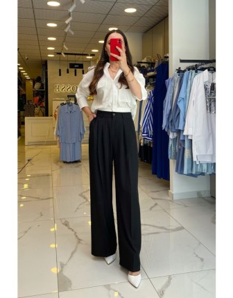 Mi Siyah  Cep Detaylı Pileli Palazzo Pantolon