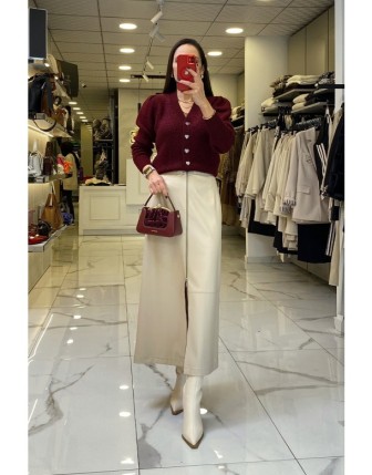 Yusuf Özdemir Bej Fermuarlı Deri Etek