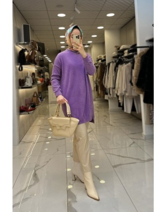 Tığ Triko Mor Aksesuralı Angora Tunik