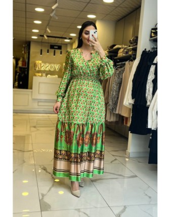 Vosse Yeşil Desenli Saten Elbise 