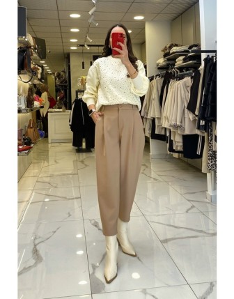 Yusuf Özdemir Bej Beli Lastikli Pantolon 
