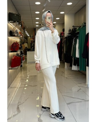 Tığ Triko Ekru Taş İşlemeli Beli Lastikli Takım