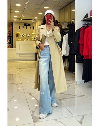 Trenç Camel Kruvaze Kuşaklı Düğme Detaylı Trençkot