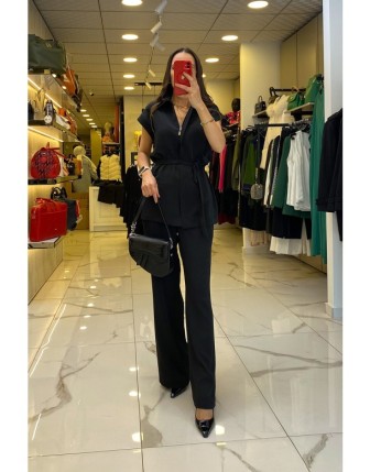 On Fashıon Siyah Seyyar Kuşaklı Fermmuarlı Kısa Kollu Takım