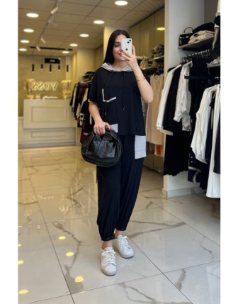 On Fashıon Siyah Paraşüt Detaylı Eşofman 