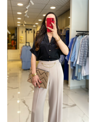 On Fashıon Siyah Düğmeli Kısa Kollu Saten Gömlek