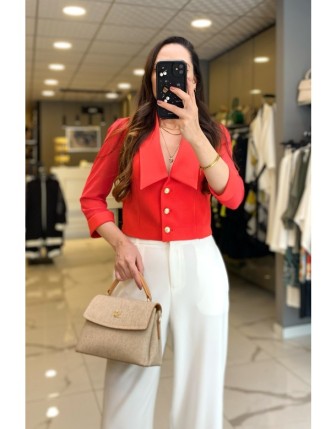 Ekol Kırmızı Gold Düğme Detaylı Kolları Organize Tül Ceket