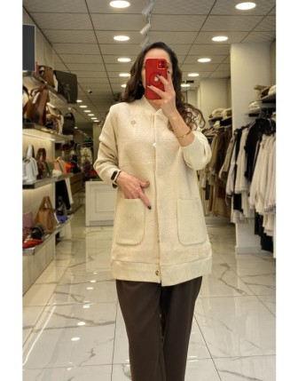 Tığ Triko Bej Aksesuarlı Bomber Hırka