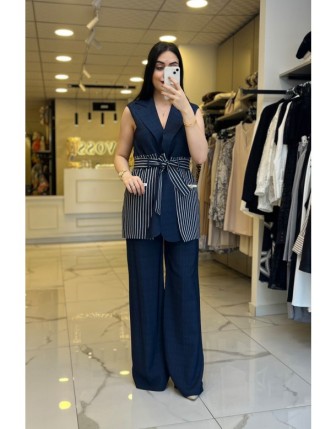 Miarte Lacivert Çizgili,Kuşaklı Yelekli Takım