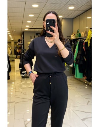 On Fashıon Siyah V Yaka Zincir Aksesuarlı Uzun Kollu Sweat