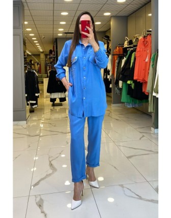 Miaruj Mavij Taş İşlemeli Cep Detaylı Takım