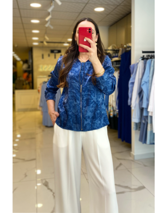 On Fashıon İndigo Fermuarlı Cep Detaylı Jakarlı Ceket