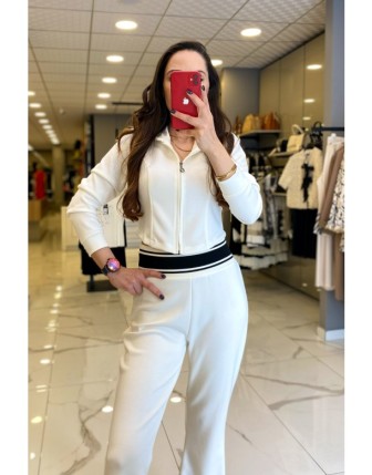 On Fashıon Ekru Kapüşonlu Fermuarlı Crop Eşofman