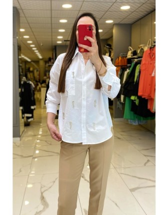 On Fashıon Beyaz Taş İşlemeli Düğme Ve Cep Detaylı Gömlek