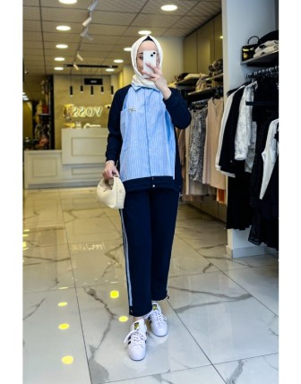 Tığ Triko Lacivert Çizgili Poplin Takım