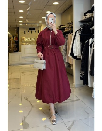 Vosse Bordo Beli Büzgülü Fermuar Detaylı Balon Elbise