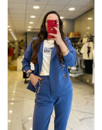 On Fashıon İndigo Kapüşonlu Fermuarlı Cep Detayı Sim İşlemeli Eşofman