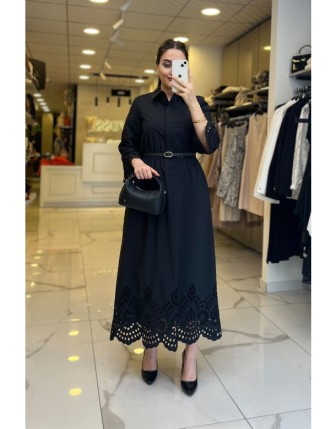 Sİ Design Siyah Kemer Detaylı Küpürlü Elbise