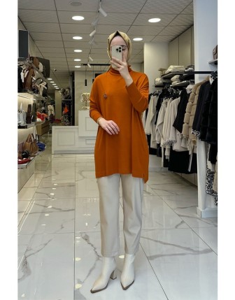 Tığ Triko Oranj Balıkçı Yaka Tunik