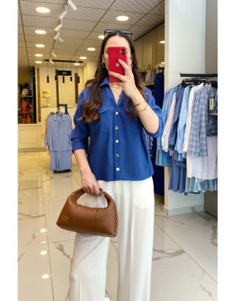 Mi İndigo Düğmeli Cep Detaylı Yarım Kollu Gömlek