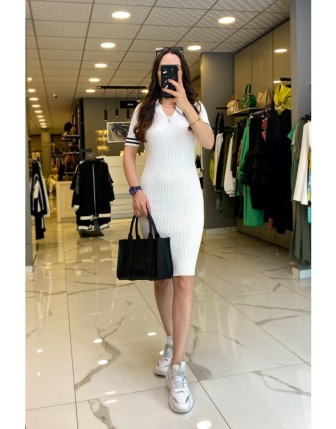 On Fashıon Beyaz Fitilli Hakim Yaka Kısa Kollu Elbise