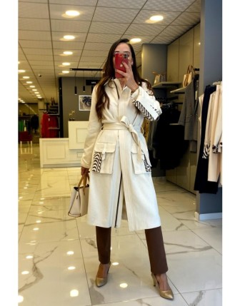 Miaruj Kahve Sırtı Desenli Kuşaklı Cepli Keten Trenç