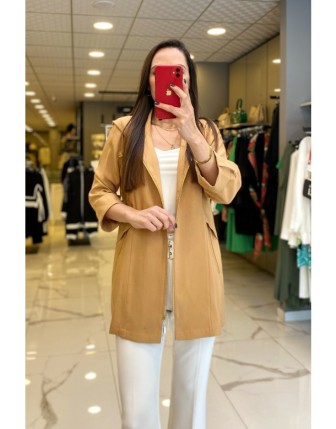 Ekol Camel Kapüşonlu Fermuarlı Cep Detaylı Ceket