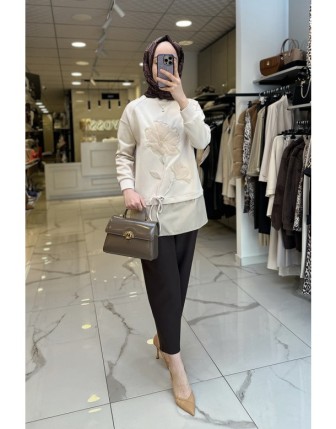 Tığ Triko Bej Kabartma Desenli Tunik