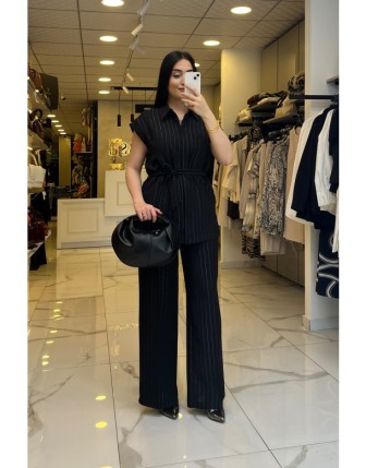 On Fashıon Siyah Çizgili,Kuşaklı Takım