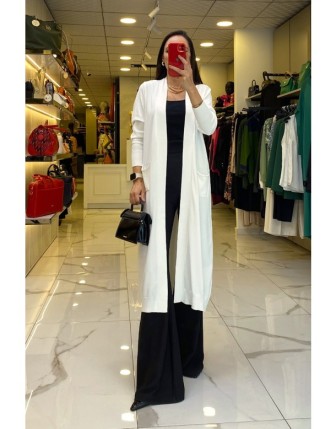 Tığ Triko Ekru Cep Detaylı Merserize Tam Boy Hırka