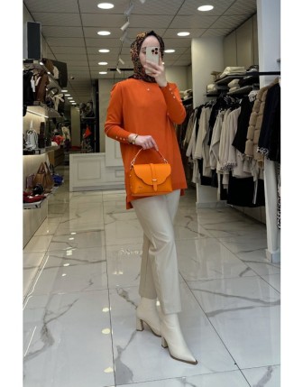 Tığ Triko Turuncu Düğme Detaylı Rayon Tunik