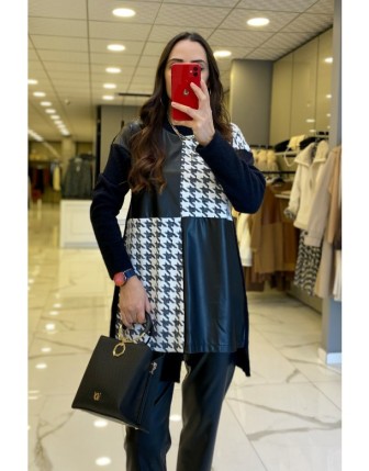 Tığ Triko Siyah Deri Detaylı Kazayaklı Tunik