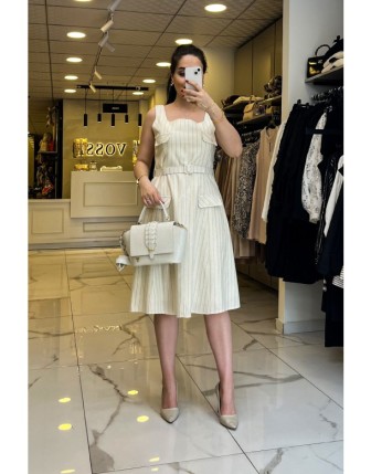 Sedna Sarı Çizgili Kare Yaka Elbise