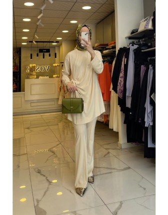 Tığ Triko Bej Yandan Bağlamalı Takım