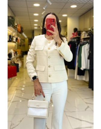 Ekol Ekru Simli Sıfır Yaka Gold Düğme Ve Cep Detaylı Tüvid Ceket