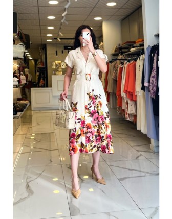 Sedna Bej Kuşaklı Desenli Elbise