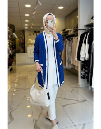 On Fashıon Saks Düğme Detaylı Ribanalı Hırka