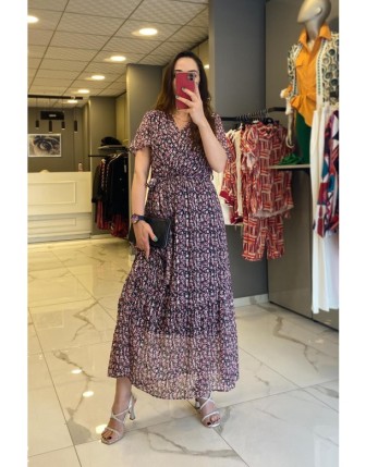 Ekol Siyah  Çiçek Desenli V Yaka Astarlı Şifon Elbise 