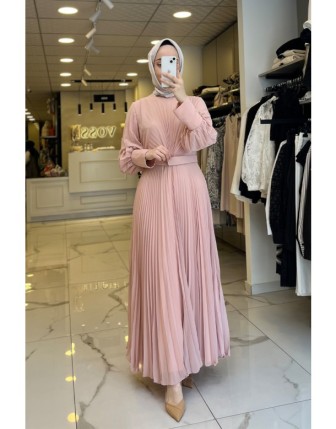 Yaqa Pudra Pileli Elbise